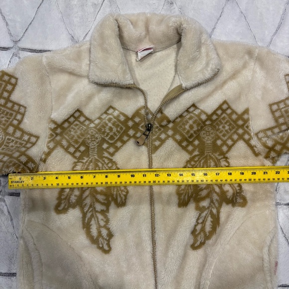 Milton Funwear Plush Fleece Jacket Cream & Beige Feather Design Vtg 90s Med - Picture 6 of 7